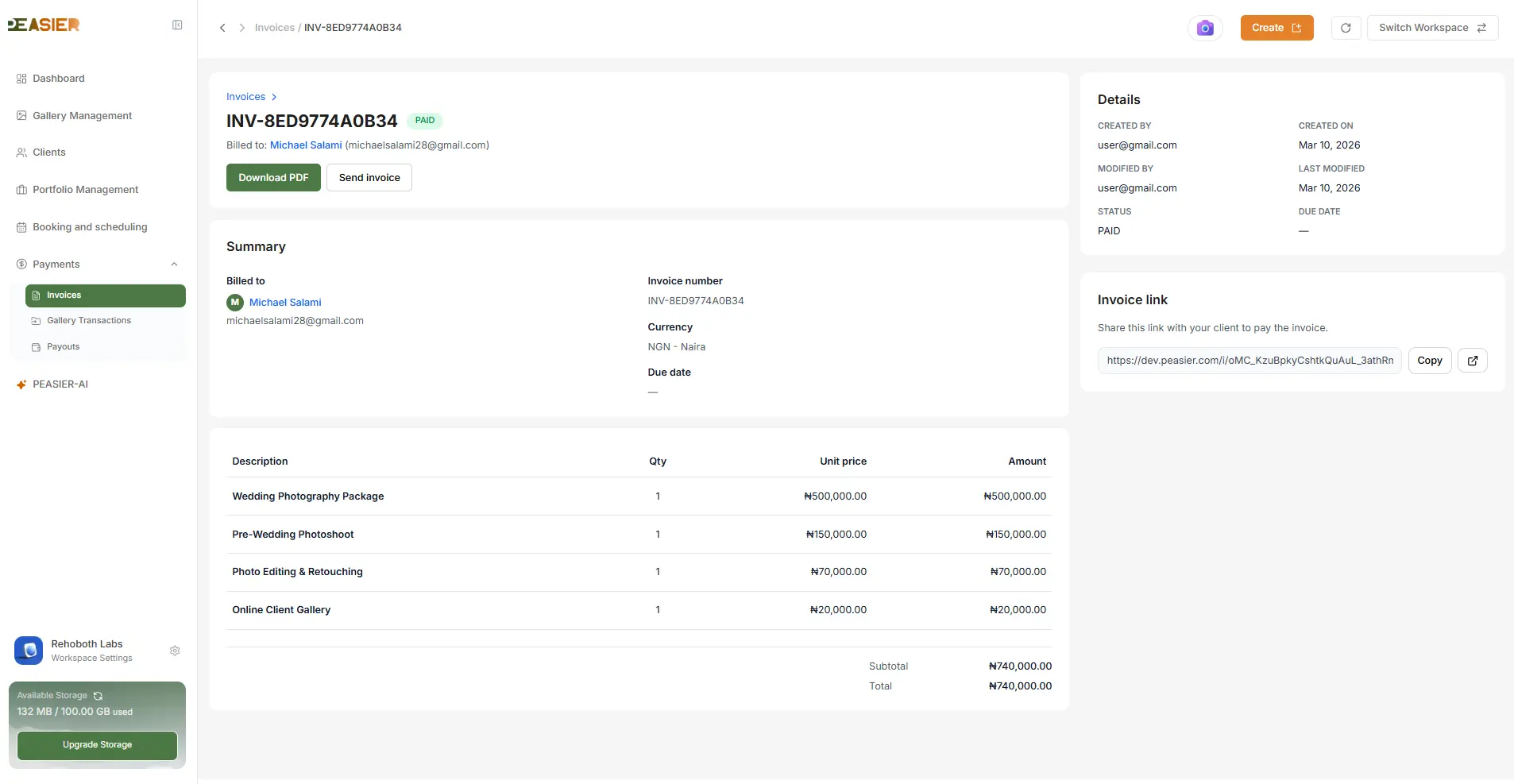 Invoices and payment operations view