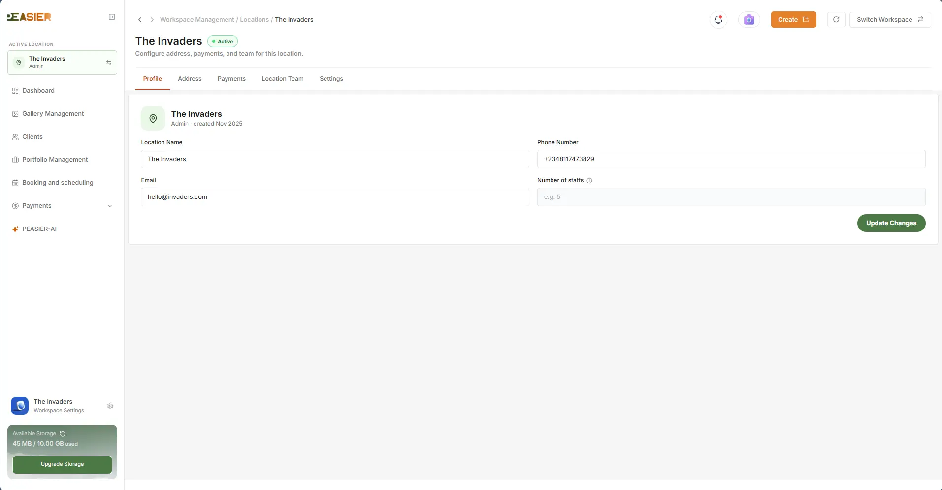 Peasier studio details view with profile, address, payments, and team tabs